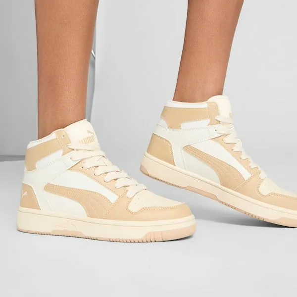 Puma Lifestyle Rebound LayUP 039s Mid Top Sneakers Warm Whitelight Sandsugared Almond 8211 Women