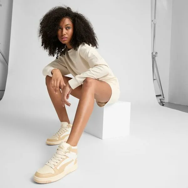 Puma Lifestyle Rebound LayUP 039s Mid Top Sneakers Warm Whitelight Sandsugared Almond 8211 Women