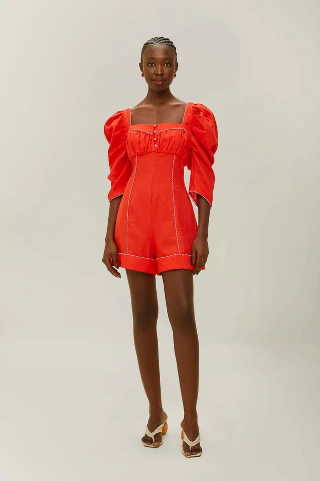 Red Puff Sleeve Romper Women FARM Rio Rompers