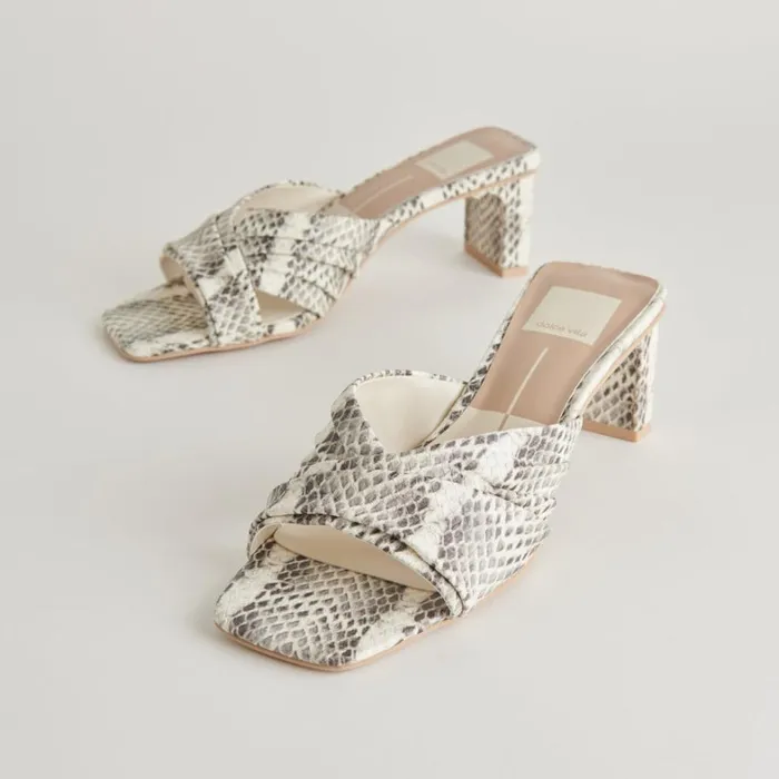 Sandals Women Dolce Vita Carlan Heels Grey White Embossed Snake