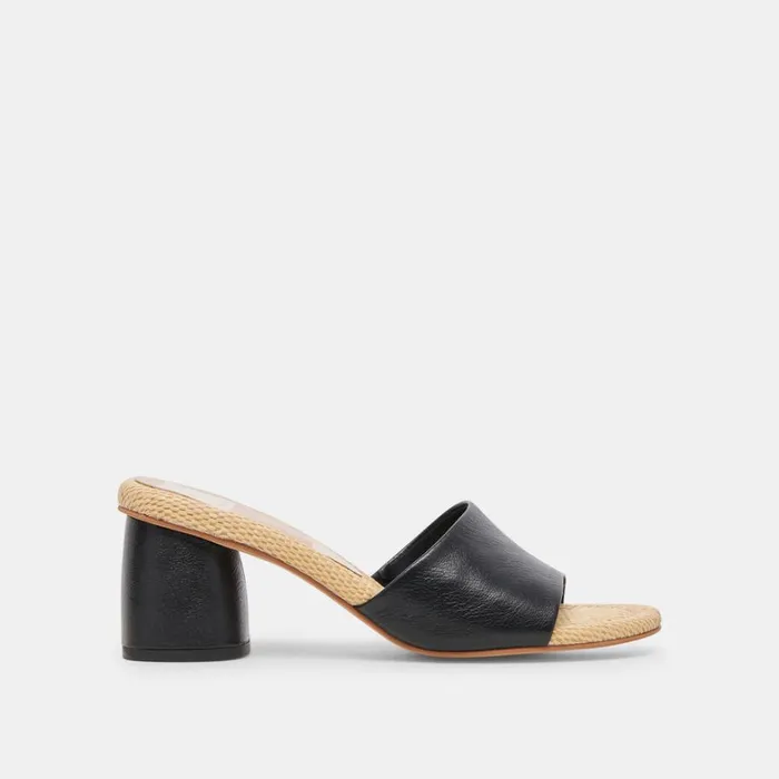 Sandals Women Dolce Vita Minny Raffia Heels Black Leather