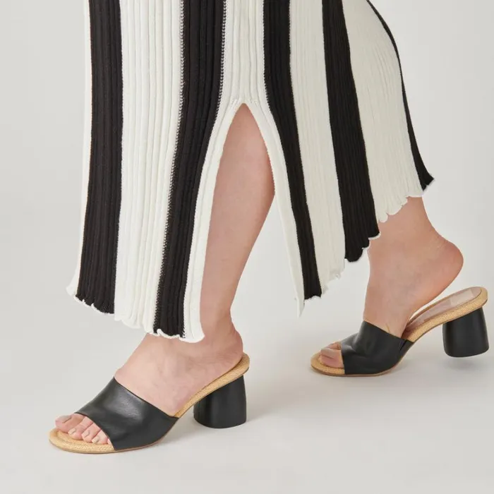 Sandals Women Dolce Vita Minny Raffia Heels Black Leather