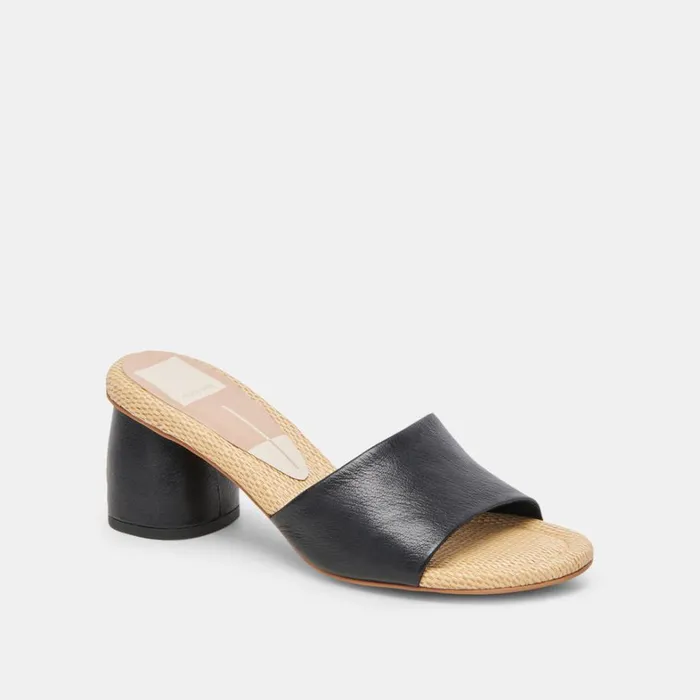 Sandals Women Dolce Vita Minny Raffia Heels Black Leather