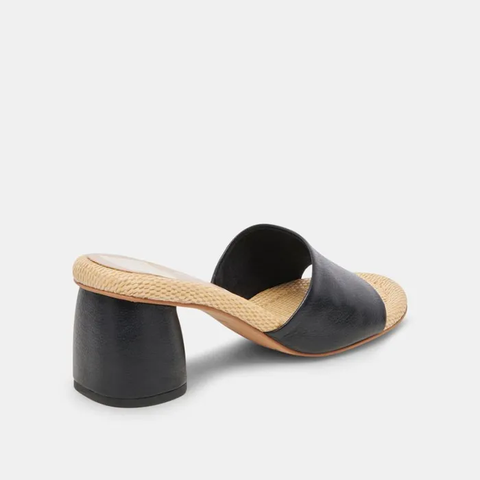 Sandals Women Dolce Vita Minny Raffia Heels Black Leather