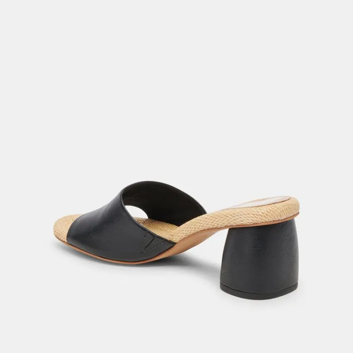 Sandals Women Dolce Vita Minny Raffia Heels Black Leather
