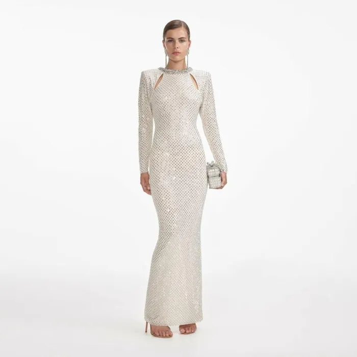 Self Portrait Bridal Cream Rhinestone Diamante Trim Maxi Dress 8211 Women
