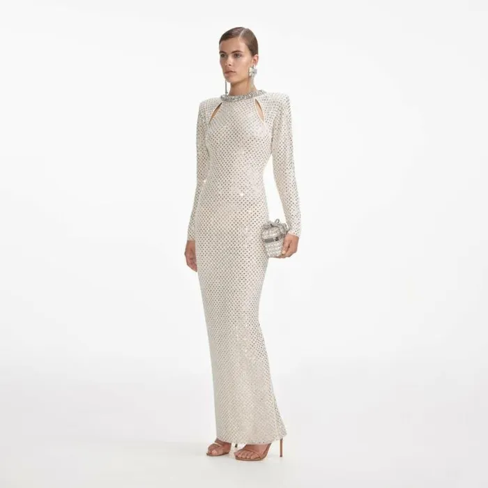 Self Portrait Bridal Cream Rhinestone Diamante Trim Maxi Dress 8211 Women
