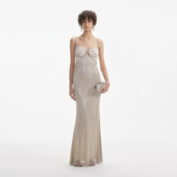 Self Portrait Bridal Cream Rhinestone Mesh Maxi Dress 8211 Women