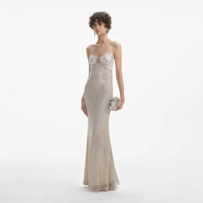 Self Portrait Bridal Cream Rhinestone Mesh Maxi Dress 8211 Women