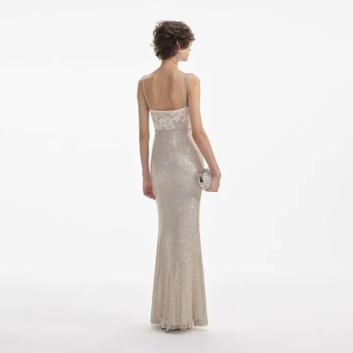 Self Portrait Bridal Cream Rhinestone Mesh Maxi Dress 8211 Women