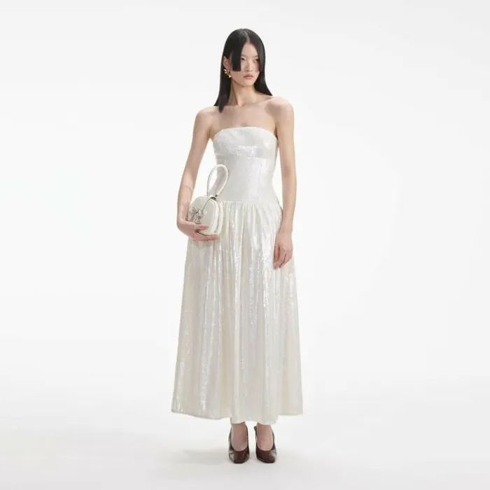 Self Portrait Bridal Cream Sequin Bandeau Midi Dress 8211 Women