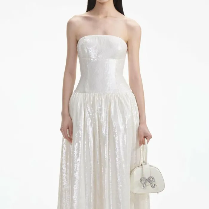 Self Portrait Bridal Cream Sequin Bandeau Midi Dress 8211 Women