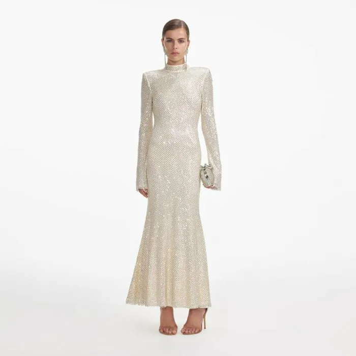 Self Portrait Bridal Cream Square Rhinestone Fishnet Midi Dress 8211 Women