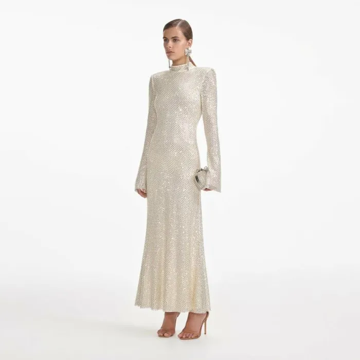 Self Portrait Bridal Cream Square Rhinestone Fishnet Midi Dress 8211 Women