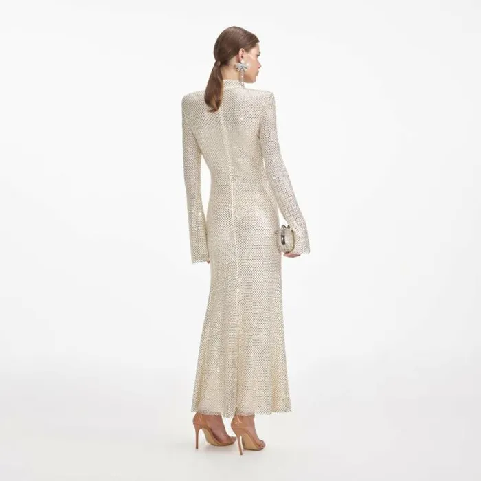 Self Portrait Bridal Cream Square Rhinestone Fishnet Midi Dress 8211 Women