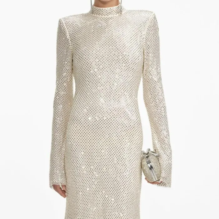 Self Portrait Bridal Cream Square Rhinestone Fishnet Midi Dress 8211 Women