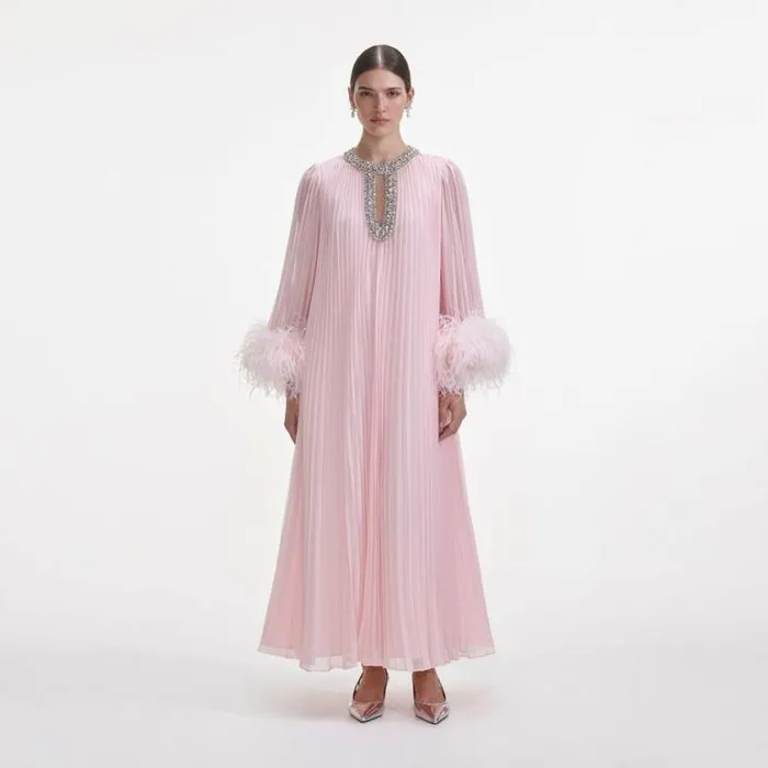 Self Portrait Bridesmaid Pink Chiffon Feather Midi Dress 8211 Women