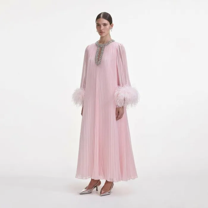 Self Portrait Bridesmaid Pink Chiffon Feather Midi Dress 8211 Women