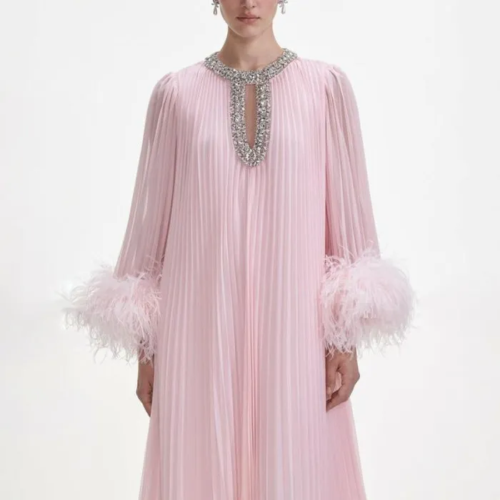 Self Portrait Bridesmaid Pink Chiffon Feather Midi Dress 8211 Women