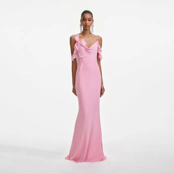 Self Portrait Bridesmaid Pink Georgette Flower Maxi Dress 8211 Women