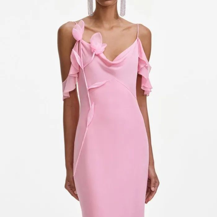 Self Portrait Bridesmaid Pink Georgette Flower Maxi Dress 8211 Women