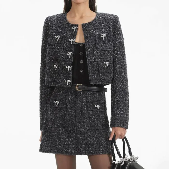 Self Portrait Denim Black Textured Denim Jacket 8211 Women