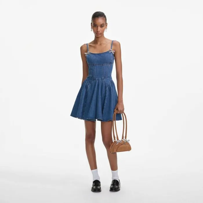 Self Portrait Denim Lightweight Denim Flared Mini Dress 8211 Women