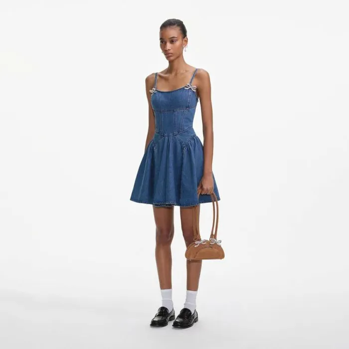 Self Portrait Denim Lightweight Denim Flared Mini Dress 8211 Women