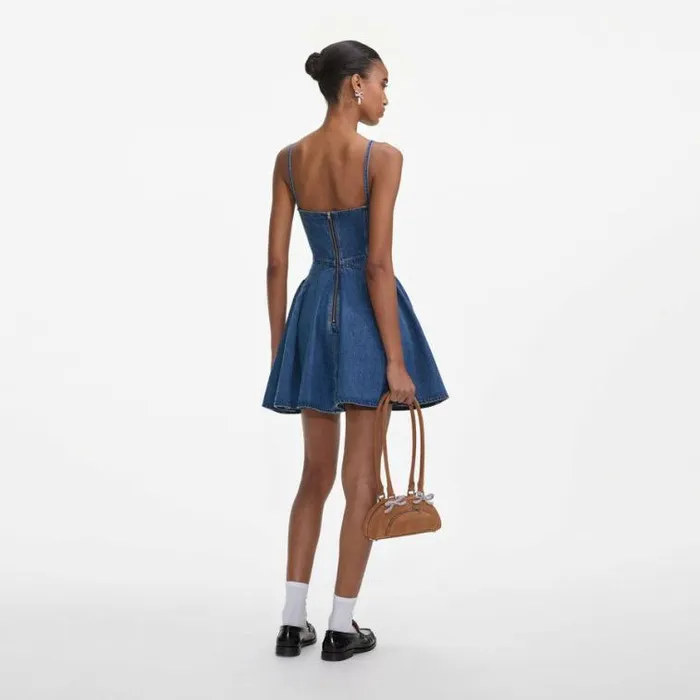 Self Portrait Denim Lightweight Denim Flared Mini Dress 8211 Women