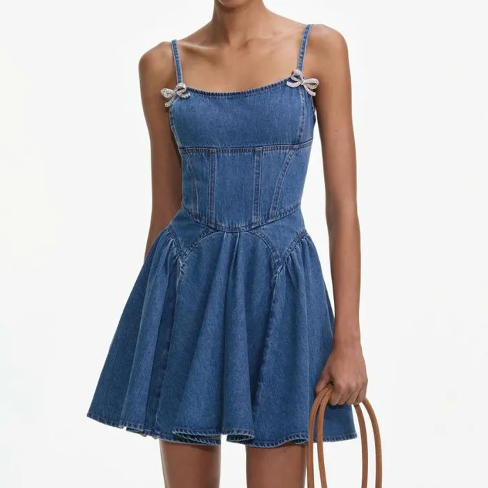 Self Portrait Denim Lightweight Denim Flared Mini Dress 8211 Women