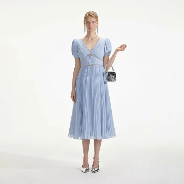 Self Portrait Dresses Blue Metallic Chiffon Midi Dress 8211 Women