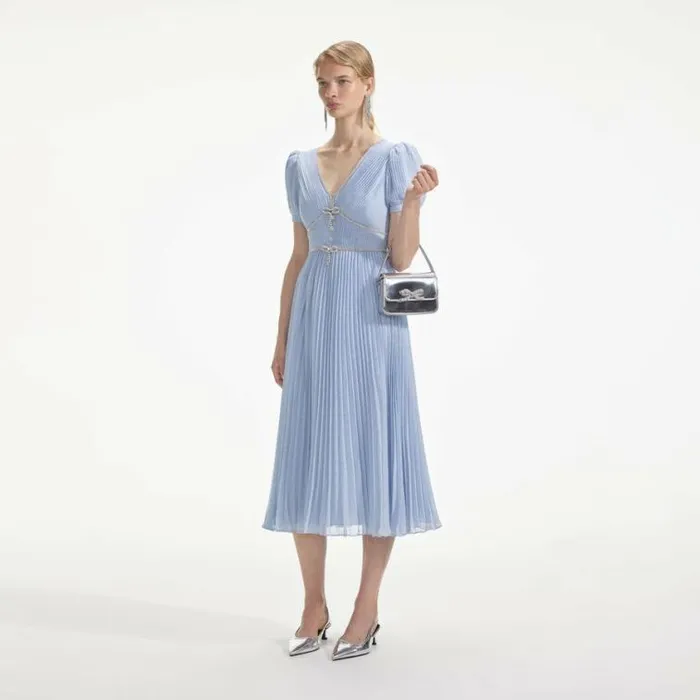 Self Portrait Dresses Blue Metallic Chiffon Midi Dress 8211 Women