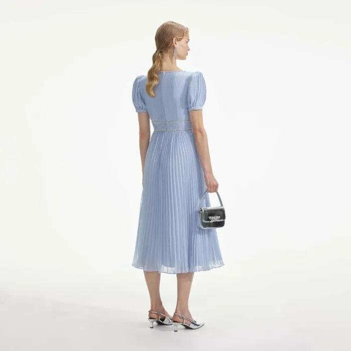 Self Portrait Dresses Blue Metallic Chiffon Midi Dress 8211 Women