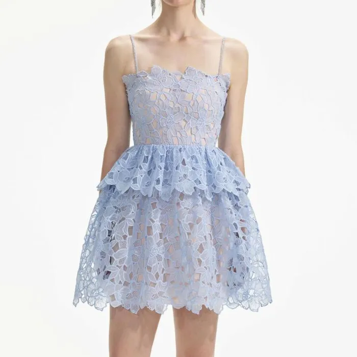 Self Portrait Dresses Blue Organza Lace Mini Dress 8211 Women