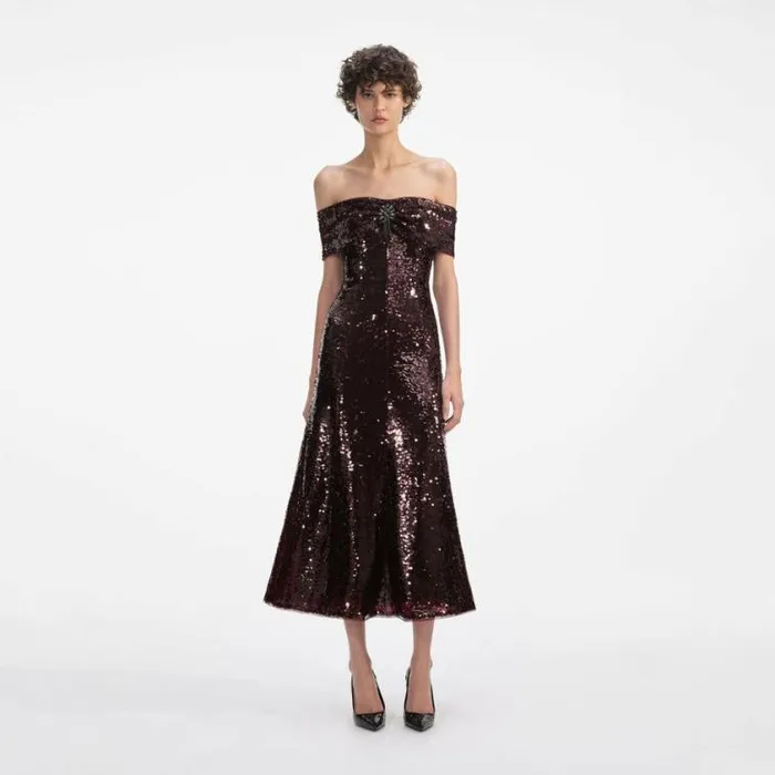Self Portrait Dresses Brown Sequin Off Shoulder Midi Dress 8211 Women