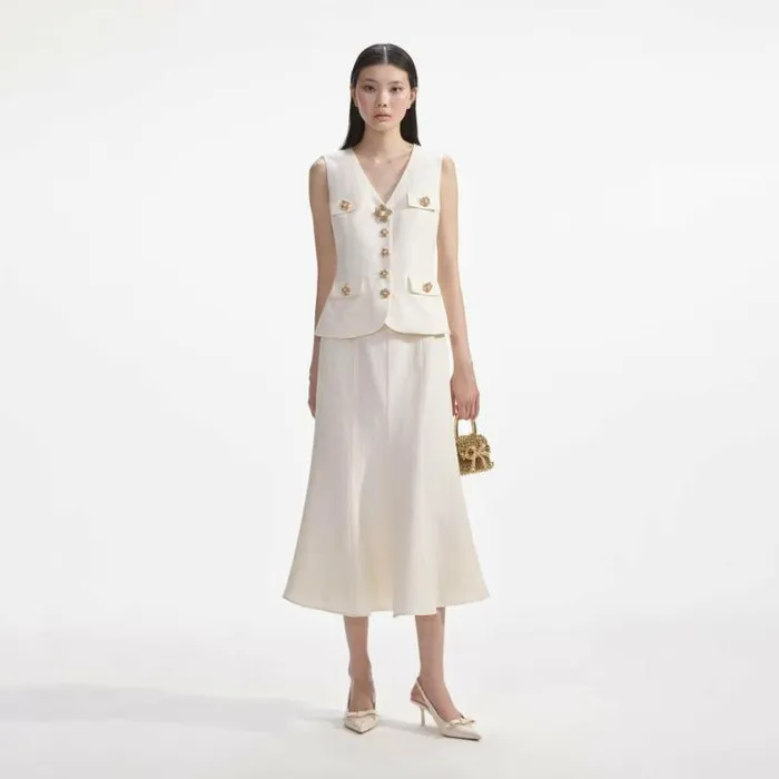 Self Portrait Dresses Cream Linen Midi Dress 8211 Women