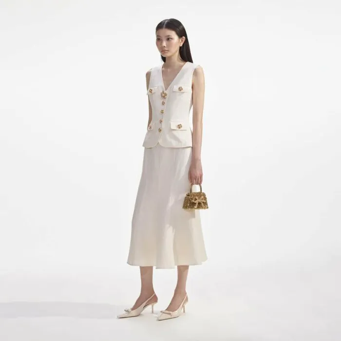 Self Portrait Dresses Cream Linen Midi Dress 8211 Women