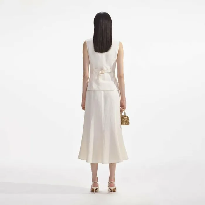 Self Portrait Dresses Cream Linen Midi Dress 8211 Women