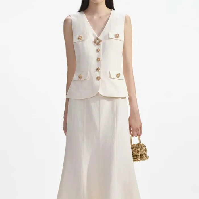 Self Portrait Dresses Cream Linen Midi Dress 8211 Women