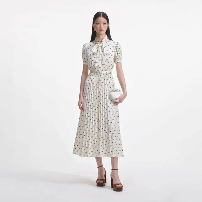 Self Portrait Dresses Cream Satin Bow Print Midi Dress 8211 Women