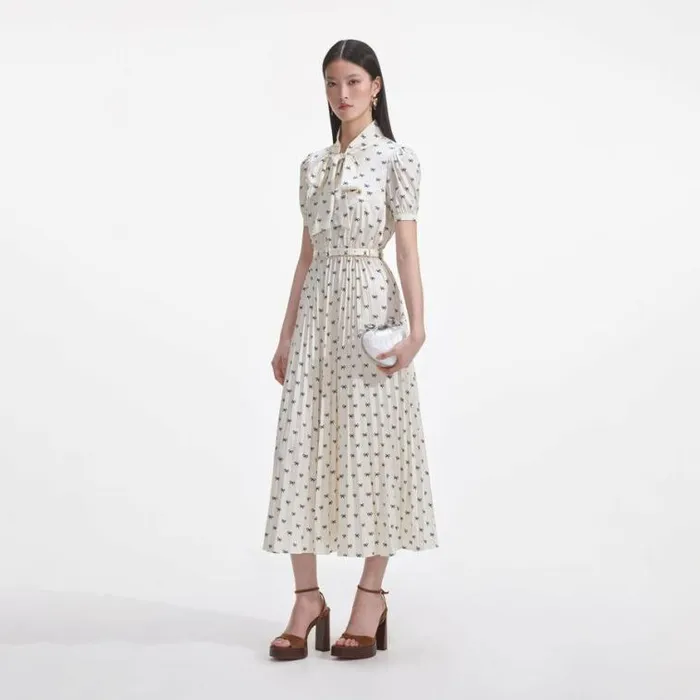 Self Portrait Dresses Cream Satin Bow Print Midi Dress 8211 Women