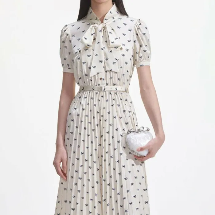 Self Portrait Dresses Cream Satin Bow Print Midi Dress 8211 Women