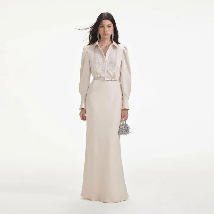 Self Portrait Dresses Cream Satin Embellished Bib Maxi Dress 8211 Women