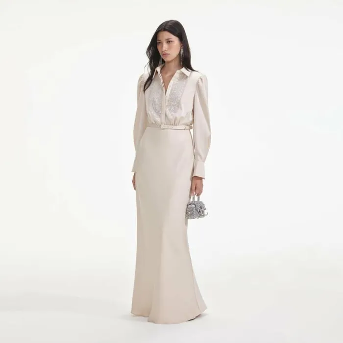 Self Portrait Dresses Cream Satin Embellished Bib Maxi Dress 8211 Women