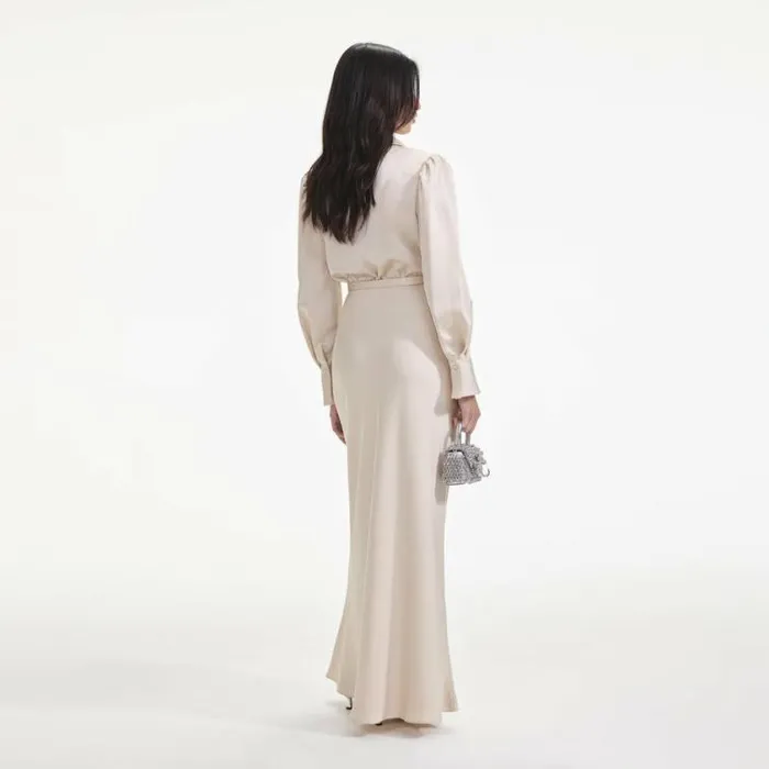Self Portrait Dresses Cream Satin Embellished Bib Maxi Dress 8211 Women