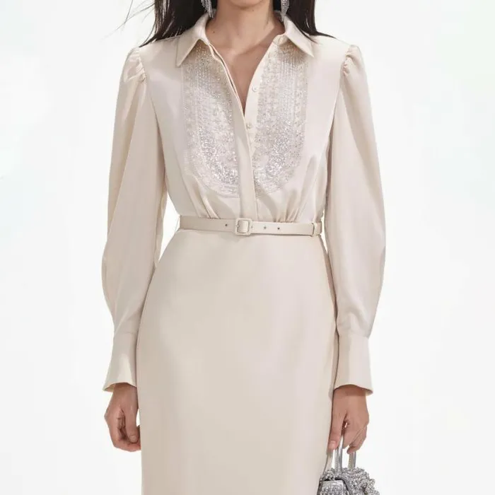 Self Portrait Dresses Cream Satin Embellished Bib Maxi Dress 8211 Women