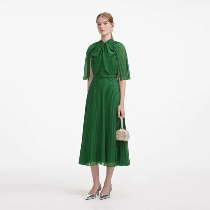 Self Portrait Dresses Green Chiffon Cape Midi Dress 8211 Women