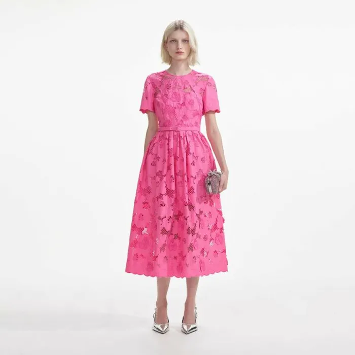 Self Portrait Dresses Pink Cotton Lace Midi Dress 8211 Women