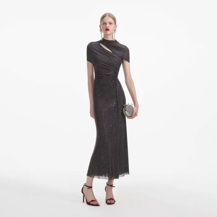 Self Portrait Dresses Slate Rhinestone Mesh Cut Out Midi Dress 8211 Women