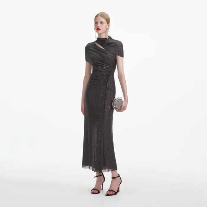 Self Portrait Dresses Slate Rhinestone Mesh Cut Out Midi Dress 8211 Women